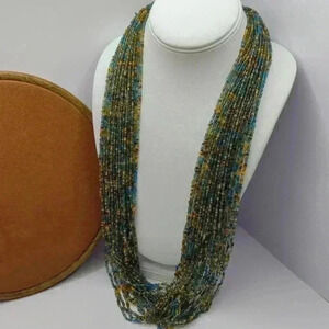 Blue, Brown & Gold Seed Bead Multi-Strand Necklace 26” + extender 25 strands euc